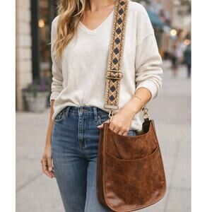 Social Threads Brown Vegan Leather Crossbody Bag with Woven Guitar Strap Boho